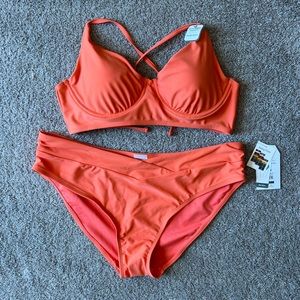 Womens coral colored bikini with highwaisted criss cross bottoms